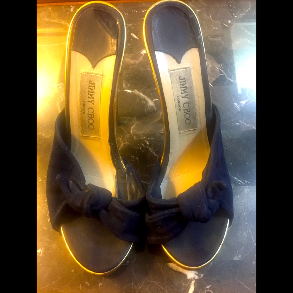 Jimmy Choo Navy Blue Knotted Peep-Toe Heels with Gold Trim